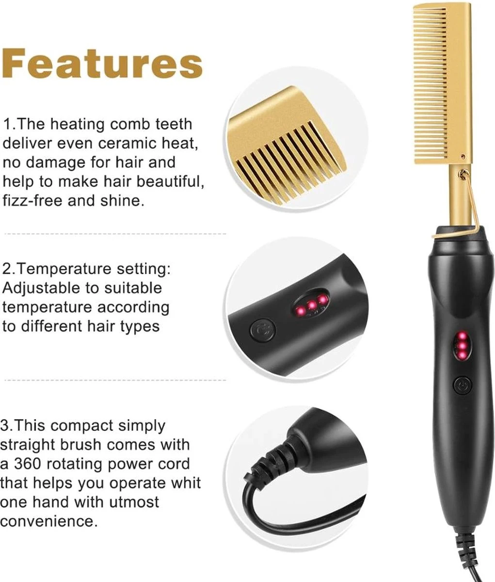 Premium Professionele Wonderkam - Stijltang, Keramische Haar- En Stijlborstel Voor Het Krullen, Gladmaken, Kammen En Stylen Van Het Haar, Hot Heat Comb Hair Straightener Voor Dames En Vrouwen (zwart) - Afbeelding 2