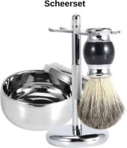 Complete Scheerset - Vaderdag Cadeau - RVS Scheerkom - Scheerkwast - Scheermeshouder - Badkamer Set - Scheerspullen
