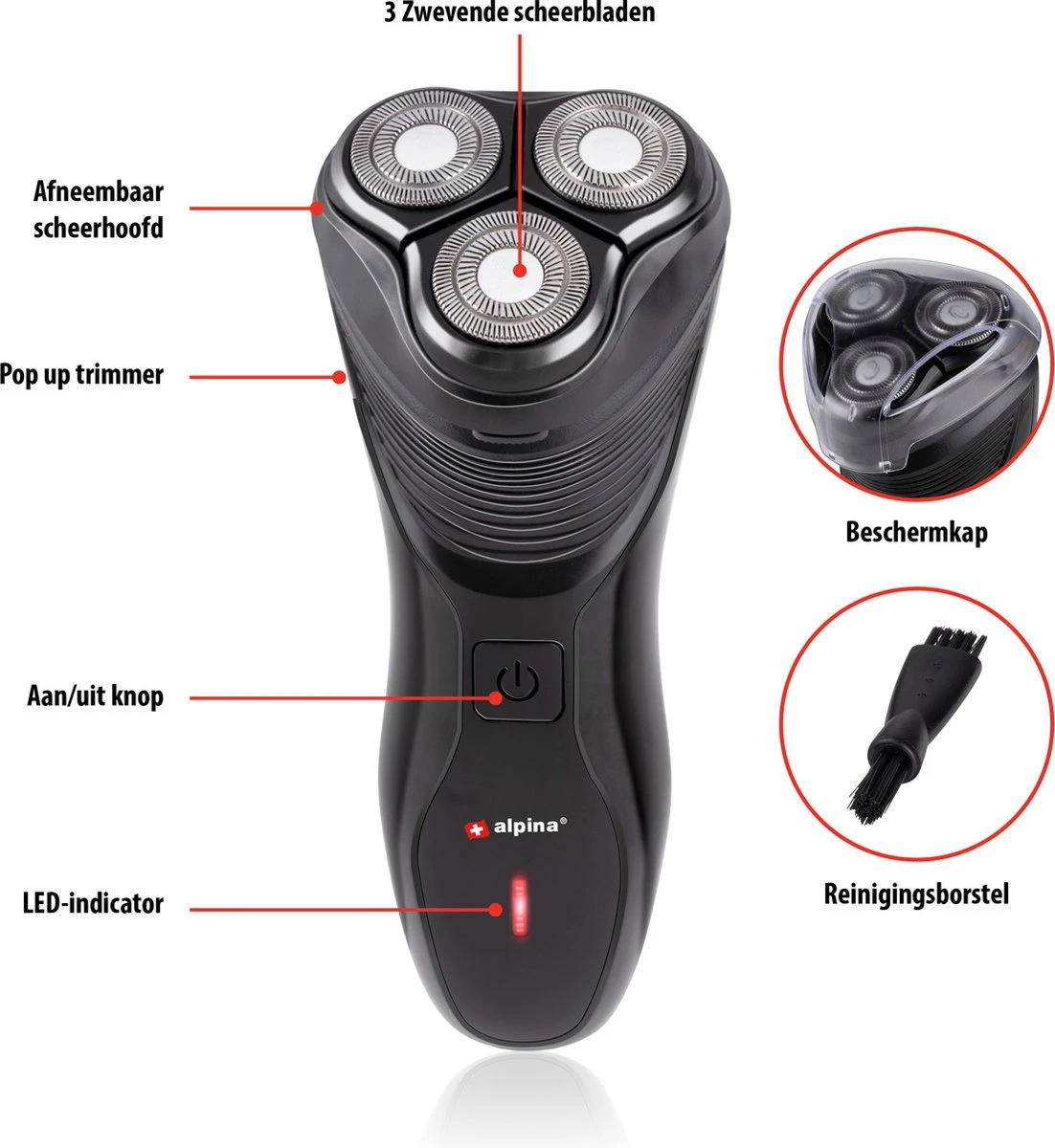 Alpina Scheerapparaat Oplaadbaar - 3 Koppen - Pop Up Trimmer - Reinigingsborsteltje - Beschermkap - Oplaadkabel 4 Alpina Scheerapparaat Oplaadbaar - 3 Koppen - Pop Up Trimmer - Reinigingsborsteltje - Beschermkap - Oplaadkabel - Afbeelding 2