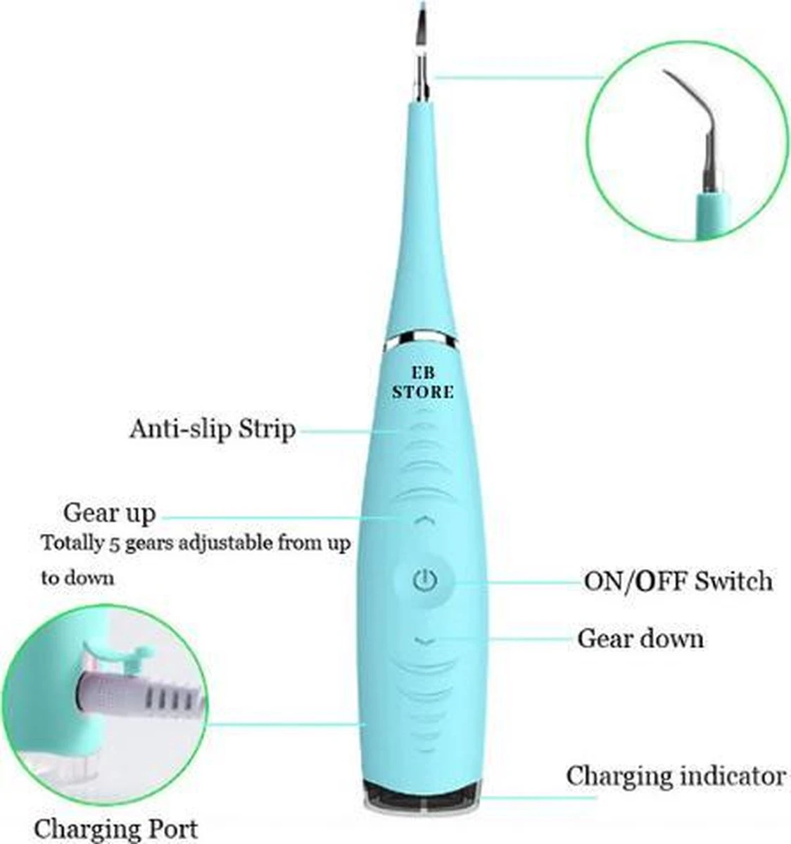 Elektrisch Tandplak Verwijderen - Flosapparaat - Slechte Adem Verhelpen - Tandsteen Weghalen - Tanden Reinigen - Thee + Koffie + Rook Aanslag Verwijderen - Gele Tanden Witten - Mond Verzorging - Tandartshaakje - Gebit Schoonmaken - EB Store - Afbeelding 3
