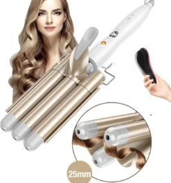 Rock&Rose Wafeltang Haar - Inclusief Gratis Haarborstel - Beach Waves Krultang - Golvenkrultang - Wave Krultang - Wit / Beige