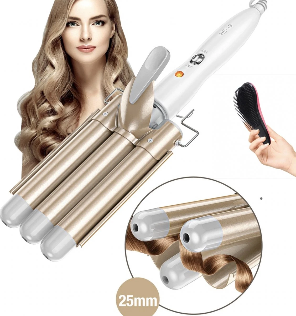 Rock&Rose Wafeltang Haar - Inclusief Gratis Haarborstel - Beach Waves Krultang - Golvenkrultang - Wave Krultang - Wit / Beige