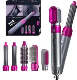 Merkloos 5 In 1 Multistyler – Hairwrap – 2023 Editie - Elektrische Föhnborstel – Hetelucht Borstel – Roze/Grijs – Cadeautip – Airstyler – Krultang – Haardroger – Stijltang – Tiktok.
