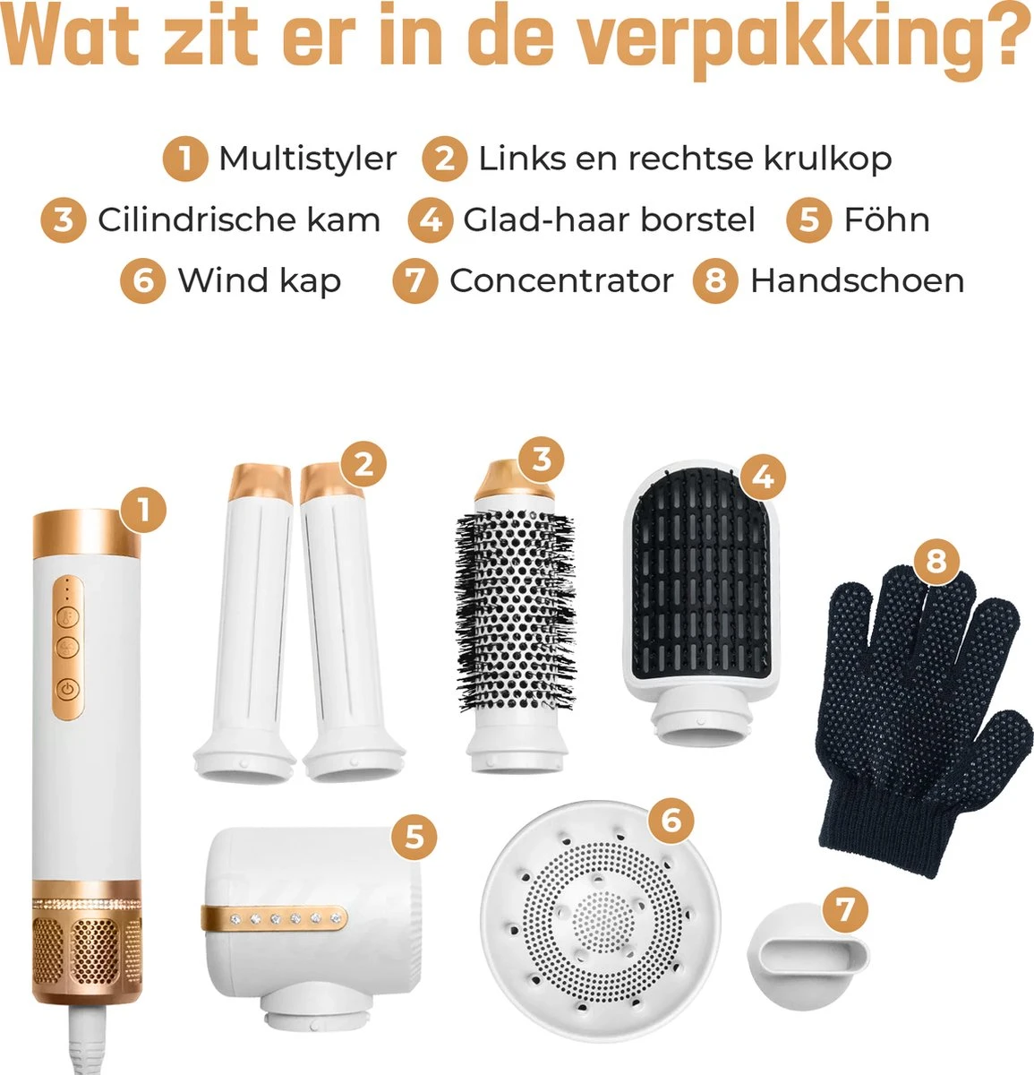 RYCE ® Multistyler PRO - 7 In 1 - Krultang - Föhnborstel - Stijltang - Krulborstel - Airstyler - Automatische Krultang - Haardroger Met Borstel - Hairwrap - Inclusief Hitte Handschoen - Wit / Goud - Afbeelding 6