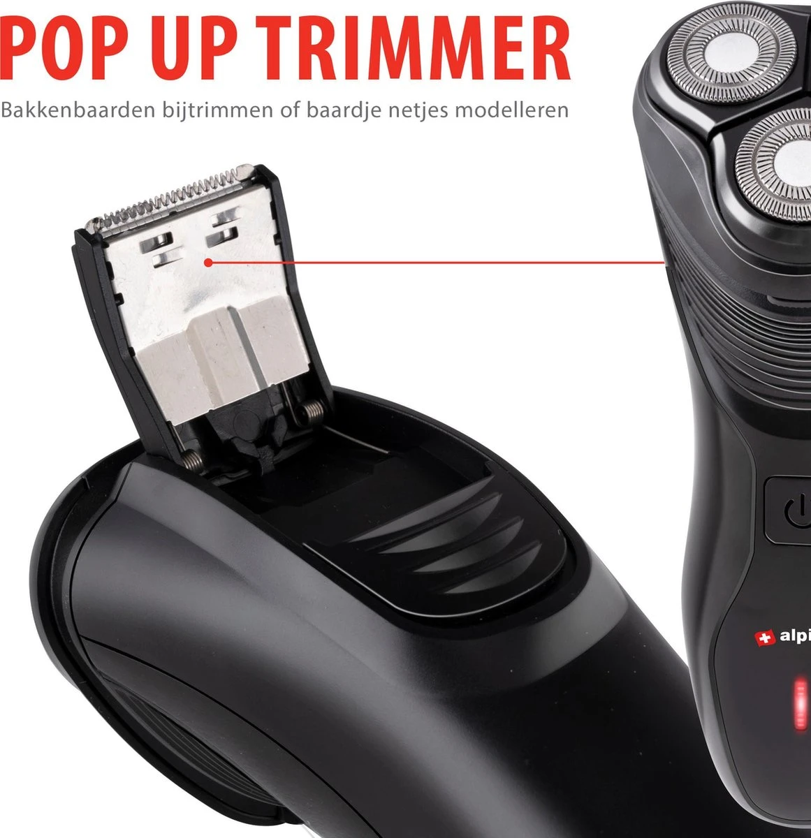 Alpina Scheerapparaat Oplaadbaar - 3 Koppen - Pop Up Trimmer - Reinigingsborsteltje - Beschermkap - Oplaadkabel 6 Alpina Scheerapparaat Oplaadbaar - 3 Koppen - Pop Up Trimmer - Reinigingsborsteltje - Beschermkap - Oplaadkabel - Afbeelding 4