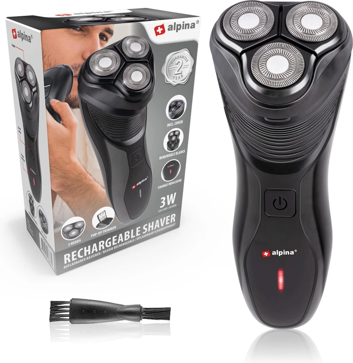 Alpina Scheerapparaat Oplaadbaar - 3 Koppen - Pop Up Trimmer - Reinigingsborsteltje - Beschermkap - Oplaadkabel 3 Alpina Scheerapparaat Oplaadbaar - 3 Koppen - Pop Up Trimmer - Reinigingsborsteltje - Beschermkap - Oplaadkabel