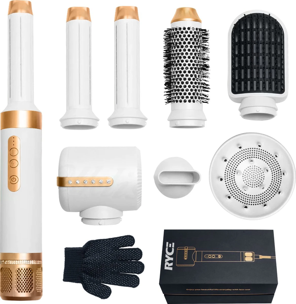 RYCE ® Multistyler PRO - 7 In 1 - Krultang - Föhnborstel - Stijltang - Krulborstel - Airstyler - Automatische Krultang - Haardroger Met Borstel - Hairwrap - Inclusief Hitte Handschoen - Wit / Goud