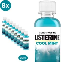 Listerine Cool Mint Mondwater, Mondspoeling Met Intens Frisse Muntsmaak, Bestrijdt Schadelijke Bacteriën Voor Gezond Tandvlees, 8 X 95 Ml