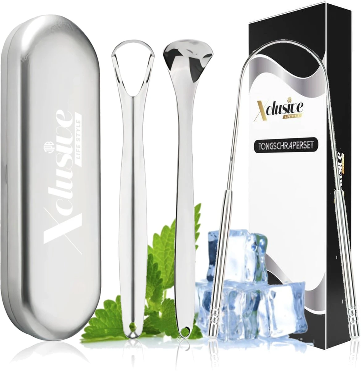 Xclusive-lifestyle® - Luxe RVS Tongschraperset - 4-Delige Professionele Tongreiniger - Mondverzorging - Mondhygiëne - Herbruikbaar En Duurzaam - Ayurveda - Aanbevolen Door Tandartsen
