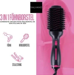 Seidon Fohnborstel – Keramische Fohn Borstel – 3 In 1 Magic Brush Voor Lang, Kort Stijl, Krullend En Kroes Haar – 1000W – Zwart-Roze