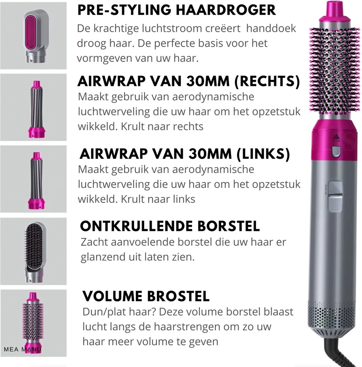 Mea Manu® - Airwrap - Krultang 5 In 1 – Föhnborstel - Hetelucht Borstel - Stijlborstel - Valentijn Cadeautje Voor Haar - Haardroger - Airstyler - Elektrische Krultang 5 In 1 - Krulborstel – Haarborstel Electrisch - Ionische Haardroger - Afbeelding 12