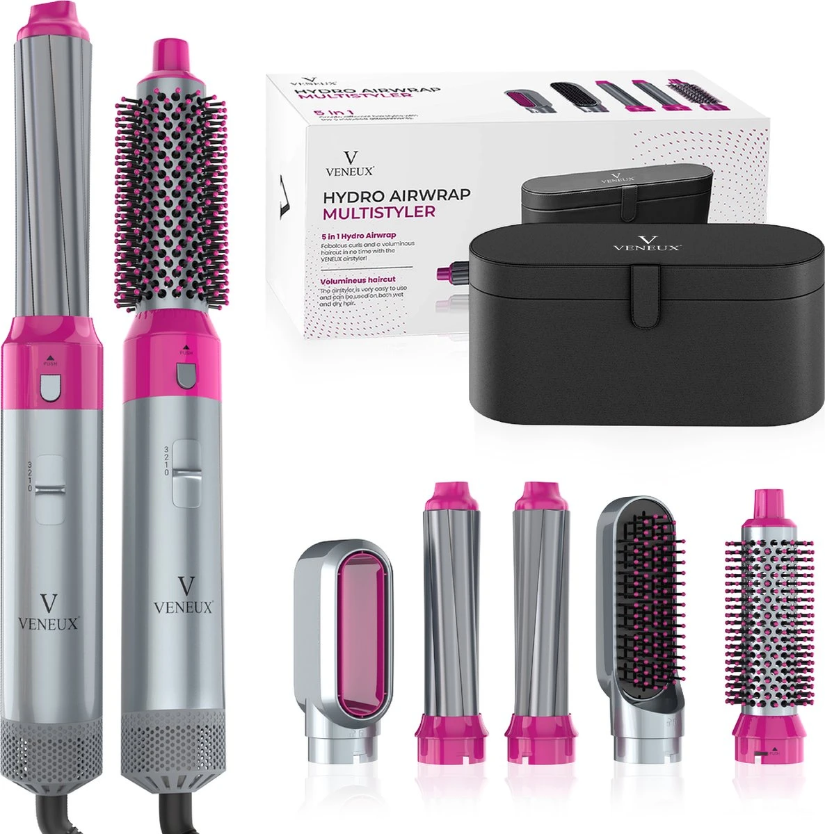 VENEUX® Airwrap Krultang - Krultangen - Föhnborstel - 5 In 1 Multi Styler - Grijs - TikTok -Inclusief Leren Opbergcase - Nieuwste Versie 2.5 Maart 2023 Edition