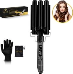 Toivo Wafeltang Pro Care+ 22mm - Incl. Opbergtas En Beschermingshandschoen - Zwart - Tri-Blade Technologie - Golvenkrultang – Wave Krultang – Waver