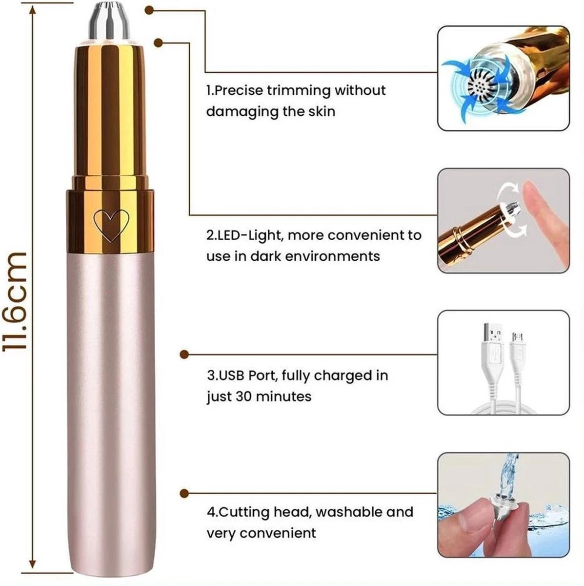 Draagbare Wenkbrauw Epilator - Haar Remover Pen - USB Trimmer - Afbeelding 9