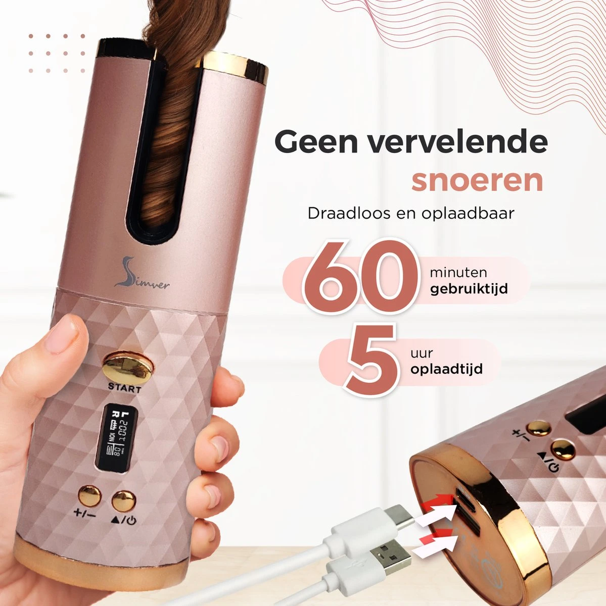 Simver Automatische Krultang Versie 2.0 (dec 2022) - Verbeterde Batterij - Draadloos - Krultangen -USB Oplaadbaar - LCD Display - Keramische Krulijzer - Roze - Cadeautip - Kerstcadeau 4 Simver Automatische Krultang Versie 2.0 (dec 2022) - Verbeterde Batterij - Draadloos - Krultangen -USB Oplaadbaar - LCD Display - Keramische Krulijzer - Roze - Cadeautip - Kerstcadeau - Afbeelding 2