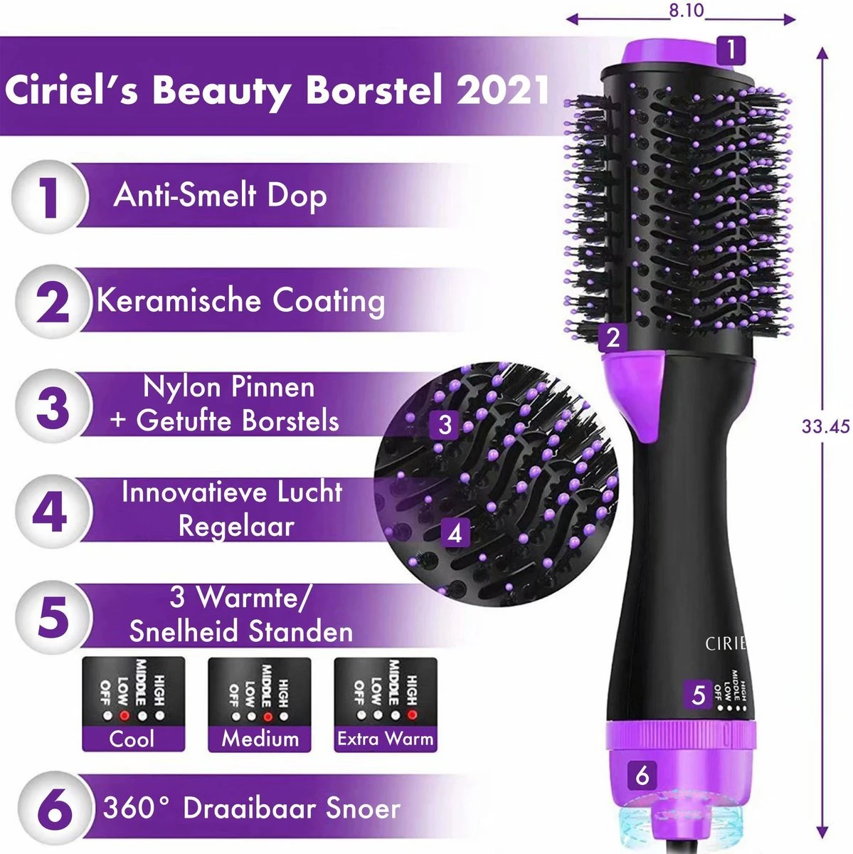 Ciriel CT31 Pro - Fohnborstel - Paars - Fohn - Haardroger - Krulborstel - Magic Brush - 4 In 1 - Krultang - Stijltang - Beauty - Borstel - Keramisch - Afbeelding 11