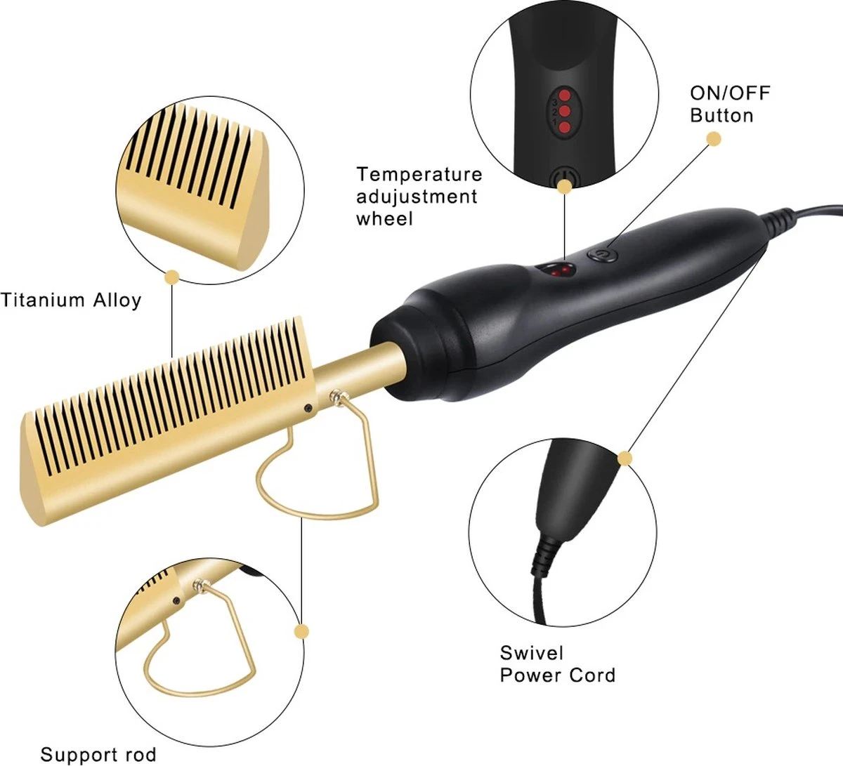 Premium Professionele Wonderkam - Stijltang, Keramische Haar- En Stijlborstel Voor Het Krullen, Gladmaken, Kammen En Stylen Van Het Haar, Hot Heat Comb Hair Straightener Voor Dames En Vrouwen (zwart) - Afbeelding 3