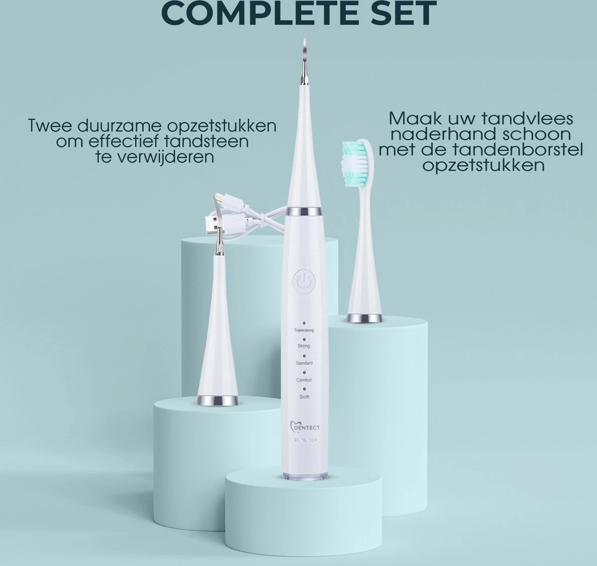 Merkloos Tandsteen Verwijderaar Elektrisch – Tandenborstel Opzetstukken - Tandarts Spiegel - 5 Standen -Wit - Afbeelding 3