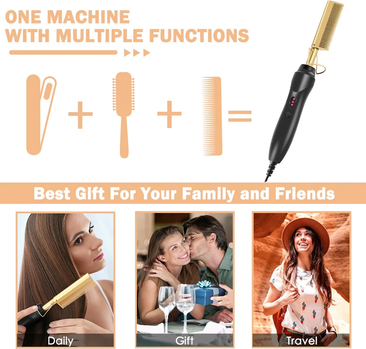 Premium Professionele Wonderkam - Stijltang, Keramische Haar- En Stijlborstel Voor Het Krullen, Gladmaken, Kammen En Stylen Van Het Haar, Hot Heat Comb Hair Straightener Voor Dames En Vrouwen (zwart) - Afbeelding 12