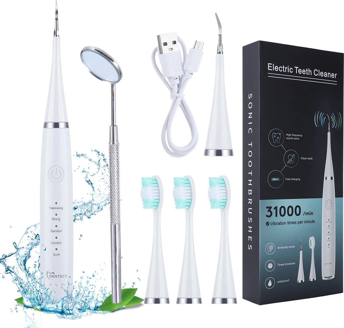 Merkloos Tandsteen Verwijderaar Elektrisch – Tandenborstel Opzetstukken - Tandarts Spiegel - 5 Standen -Wit