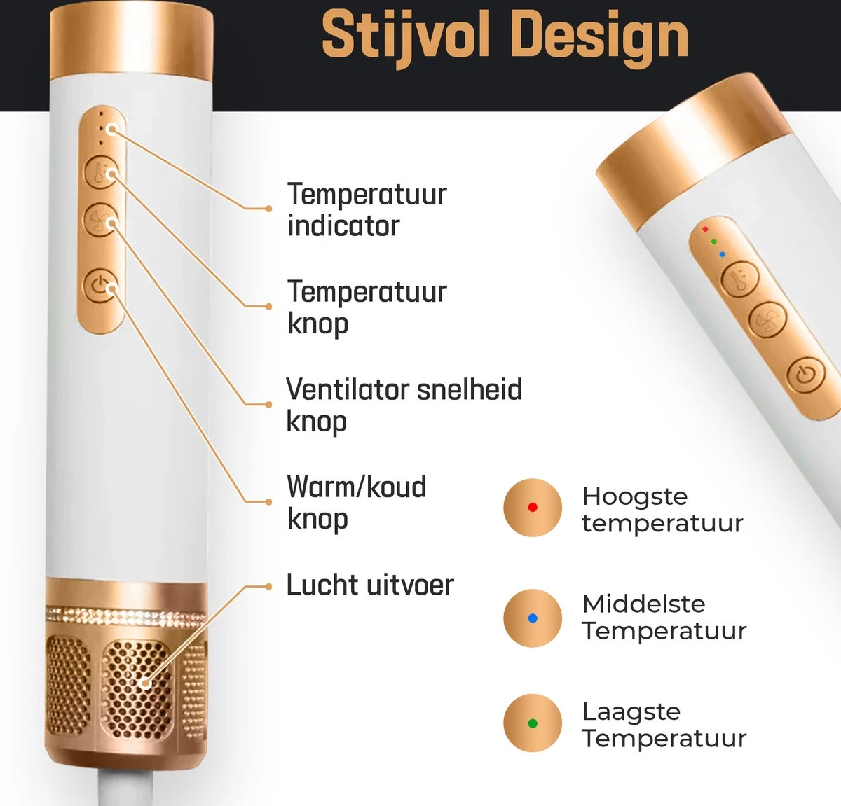 RYCE ® Multistyler PRO - 7 In 1 - Krultang - Föhnborstel - Stijltang - Krulborstel - Airstyler - Automatische Krultang - Haardroger Met Borstel - Hairwrap - Inclusief Hitte Handschoen - Wit / Goud - Afbeelding 5