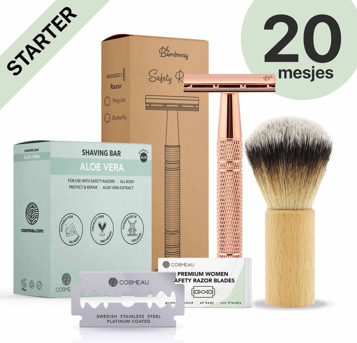 Safety Razor Starterkit Aluminium Voor Vrouw Rose Gold Goud - 20 Mesjes - Scheerkwast - Scheerzeep - Scheren Starterset
