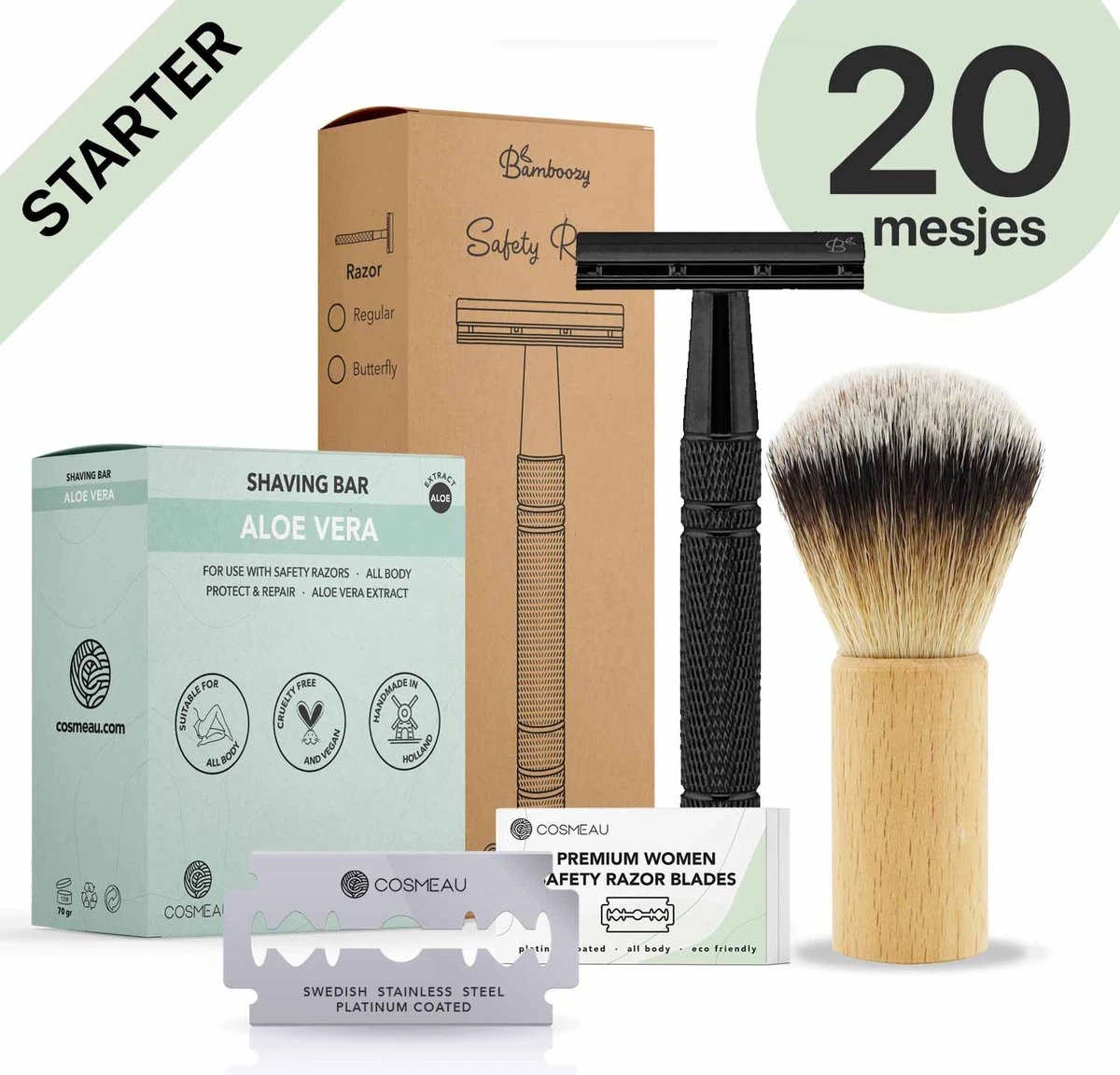 Safety Razor Starterkit Aluminium Voor Mannen En Vrouwen Glossy Black - 20 Mesjes - Scheerkwast - Scheerzeep - Scheren Starterset