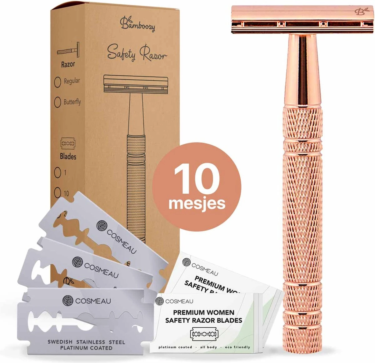 Bamboozy Safety Razor + 10 Scheermesjes Aluminium Rose Gold Goud Unisex Voor Vrouwen Scheermes 3 Bamboozy Safety Razor + 10 Scheermesjes Aluminium Rose Gold Goud Unisex Voor Vrouwen Scheermes