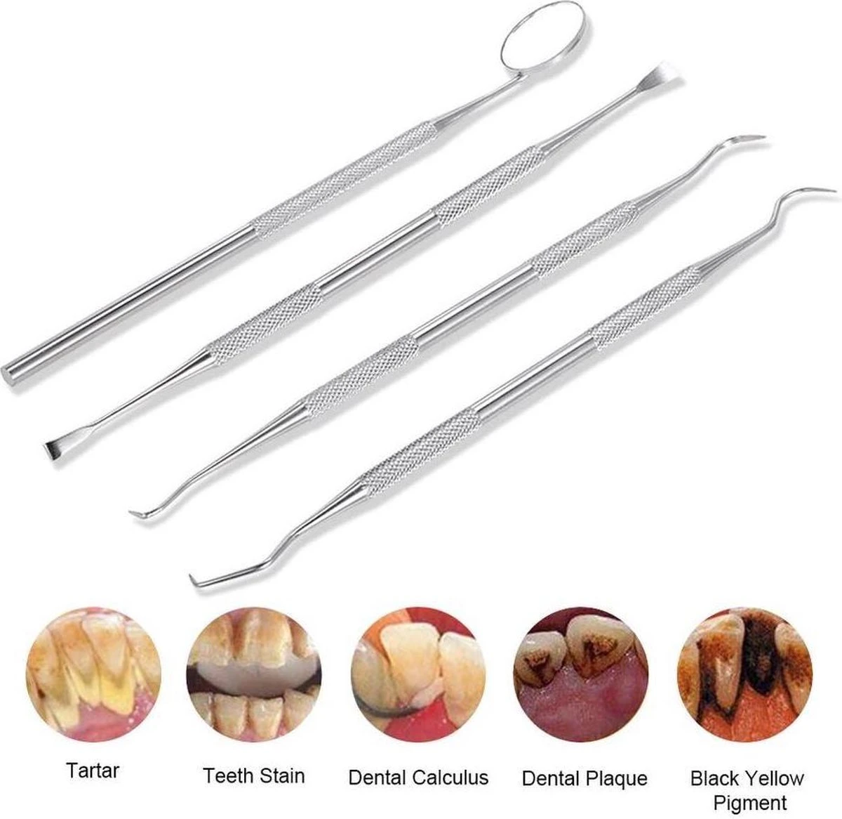 Compleet Tandarts Setje –4 Stuks Tandsteenhaakje – Tandartshaakje - Mondspiegel – Tandarts Gereedschap – Mondverzorging – Stainless Steel - Afbeelding 6
