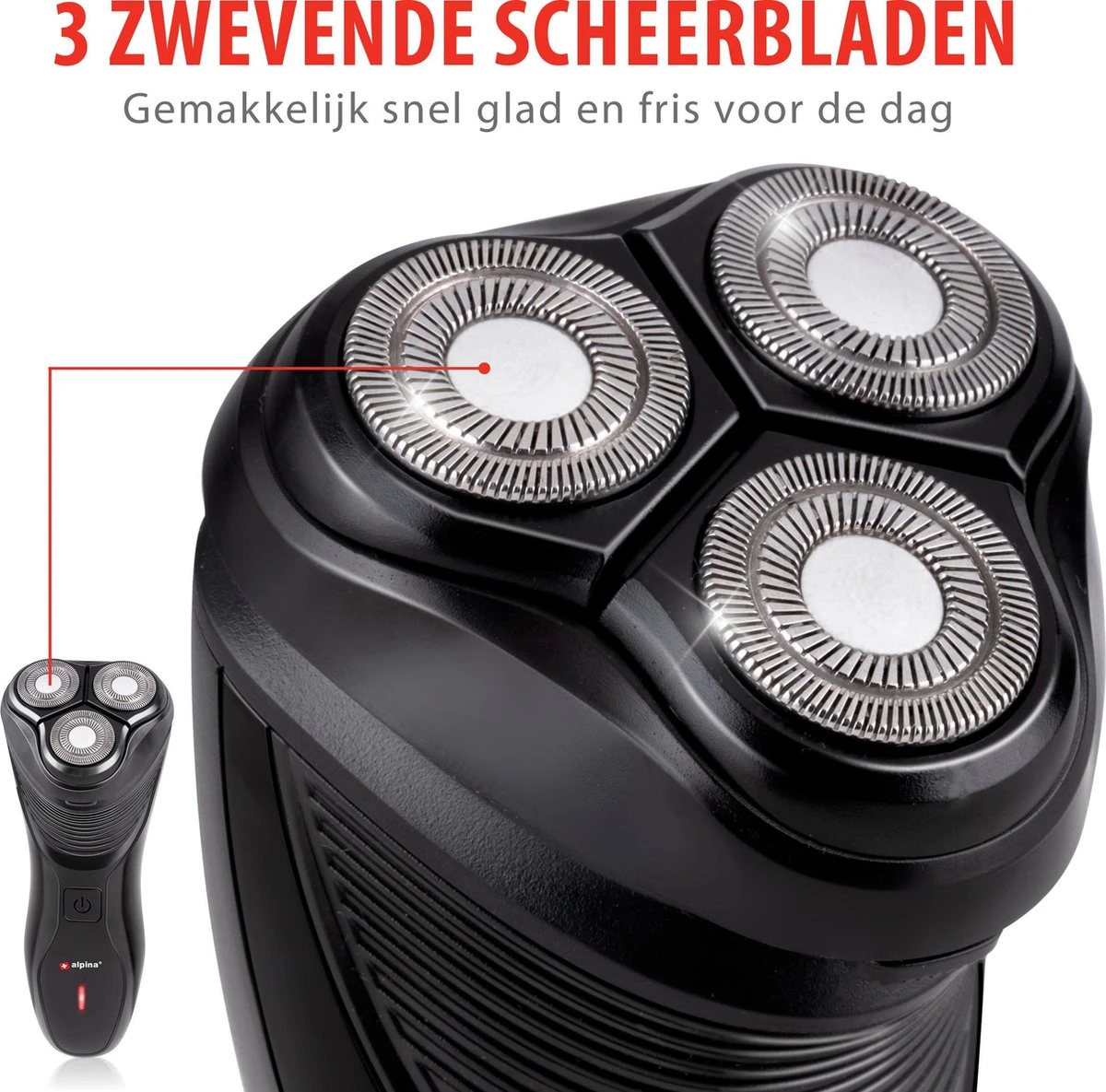 Alpina Scheerapparaat Oplaadbaar - 3 Koppen - Pop Up Trimmer - Reinigingsborsteltje - Beschermkap - Oplaadkabel 7 Alpina Scheerapparaat Oplaadbaar - 3 Koppen - Pop Up Trimmer - Reinigingsborsteltje - Beschermkap - Oplaadkabel - Afbeelding 5