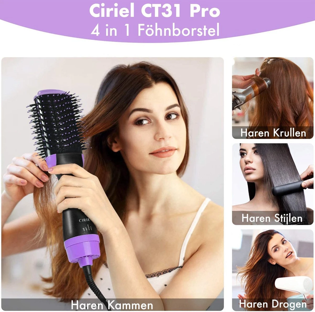 Ciriel CT31 Pro - Fohnborstel - Paars - Fohn - Haardroger - Krulborstel - Magic Brush - 4 In 1 - Krultang - Stijltang - Beauty - Borstel - Keramisch - Afbeelding 5