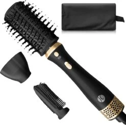 JC 3-in-1 Fohnborstel Met Opbergetui - Krulborstel - Haarstyler - Geschikt Voor Lang/Stijl/Krullen - Mat Zwart / Goud