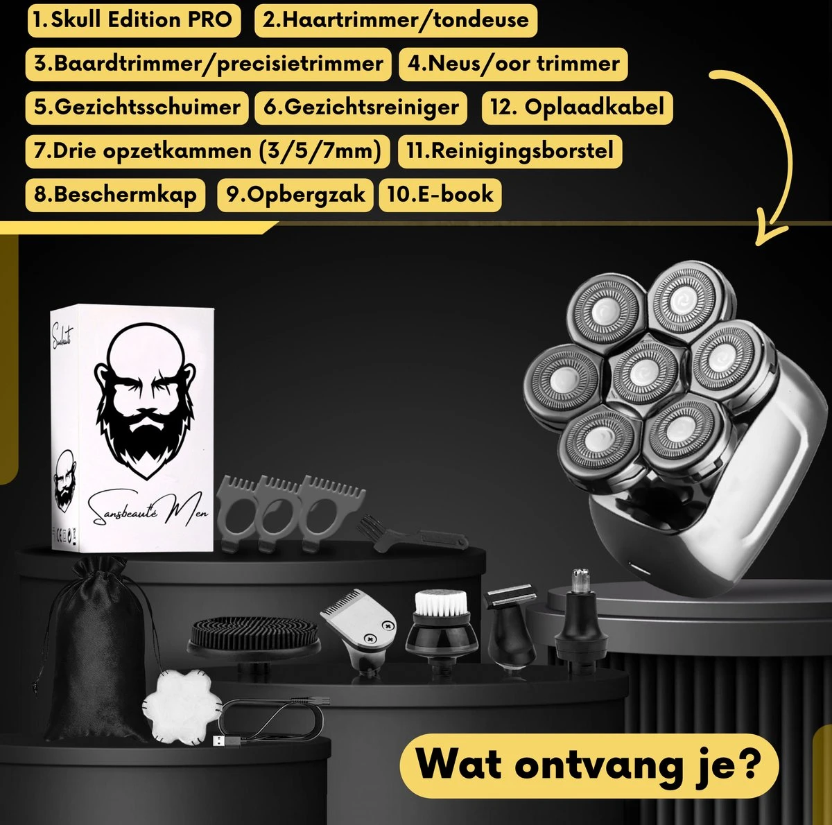 6-in-1 Scheerapparaat Mannen – Trimmer - Skull Edition PRO - Electric Face & Head Shaver - Hoofd Kaal Scheren – Nat & Droog - Draadloos Opladen - Elektrisch - Incl. E-Book - Afbeelding 7