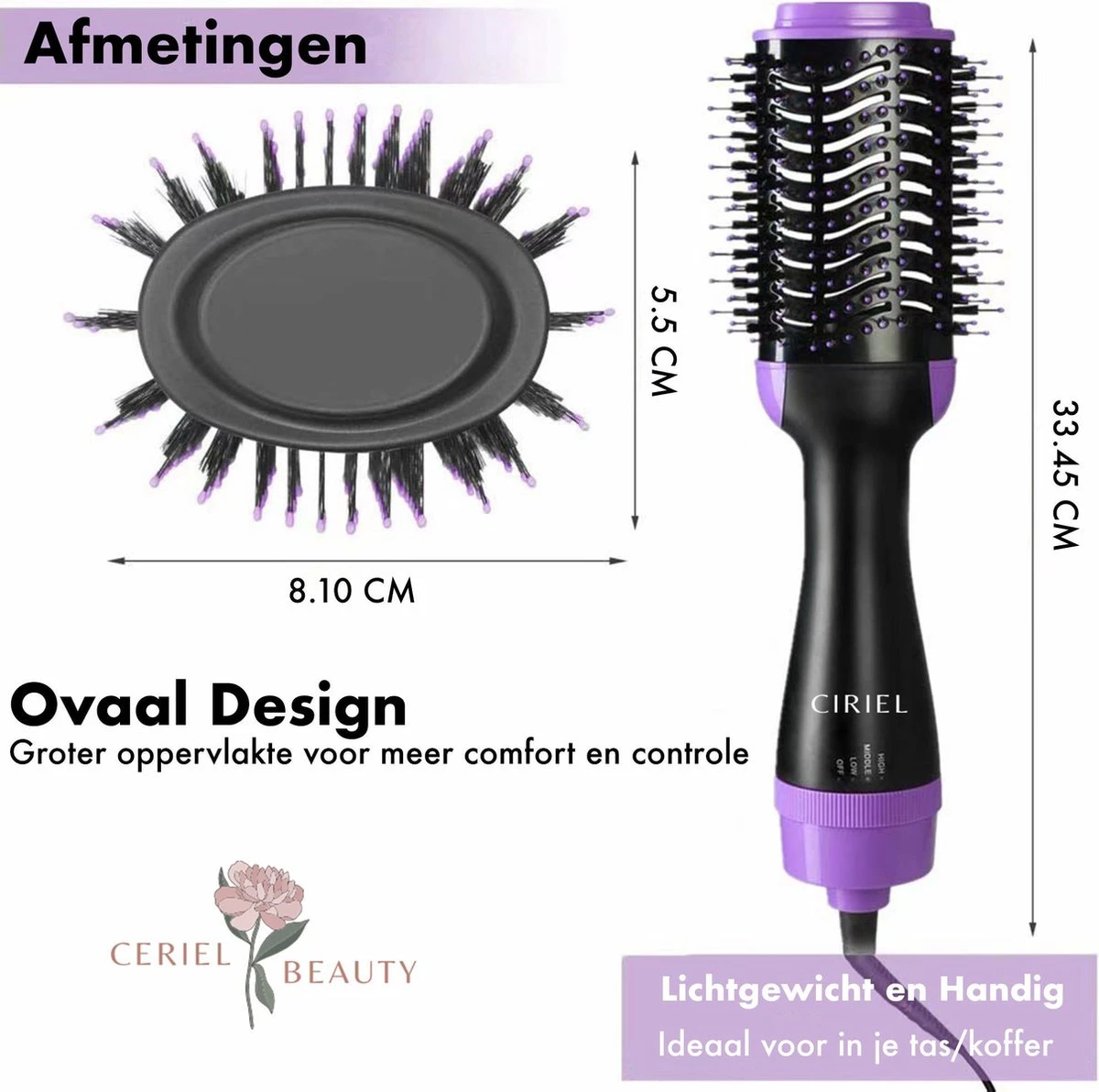 Ciriel CT31 Pro - Fohnborstel - Paars - Fohn - Haardroger - Krulborstel - Magic Brush - 4 In 1 - Krultang - Stijltang - Beauty - Borstel - Keramisch - Afbeelding 9
