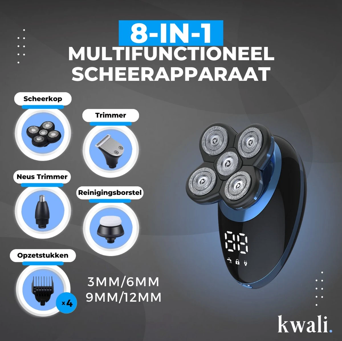 Kwali.® Scheerapparaat Mannen Pro 2023 - Baardtrimmer - Bodygroomer Mannen - Trimmer Baard - Draadloos - Waterbestendig - Blauw - Afbeelding 7