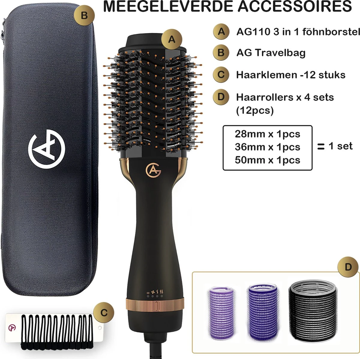 AG110 Luxe 3-in-1 Fohnborstel - Goud - Keramische Fohnborstels - Inclusief Travelbag, 12 Kleefrollen & 12 Haarclips - Ronde Borstel - 1000w - Krulborstel - Magic Brush - Lang/Kort/Stijl/Krullen Zwart 13 AG110 Luxe 3-in-1 Fohnborstel - Goud - Keramische Fohnborstels - Inclusief Travelbag, 12 Kleefrollen & 12 Haarclips - Ronde Borstel - 1000w - Krulborstel - Magic Brush - Lang/Kort/Stijl/Krullen Zwart - Afbeelding 11