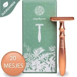 OrganiGoods Safety Razor + 20 Scheermesjes Blades - Safety Razor Voor Vrouwen - Rose Gold Goud Scheermes - Double Edge Single Blade - Veiligheidsscheermes - Duurzaam Scheermesje