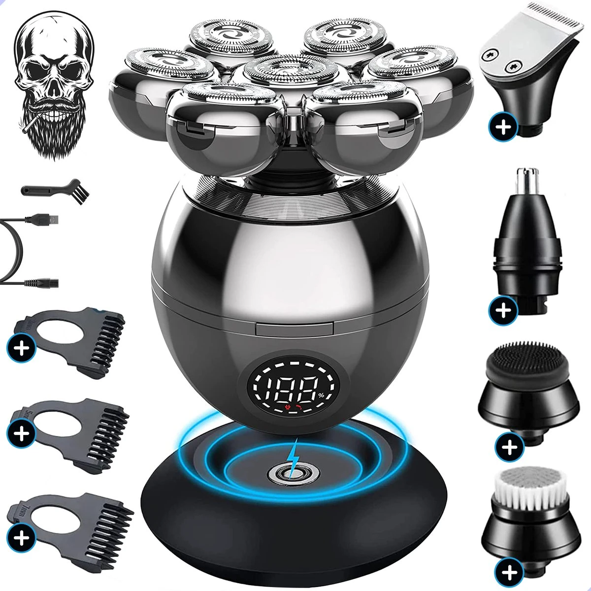 HYL® 8-in-1 Scheerapparaat Mannen - Skull Shaver – Neus & Baard Trimmer – Head Shaver - Draadloos Opladen - 7 Koppen - Zilver