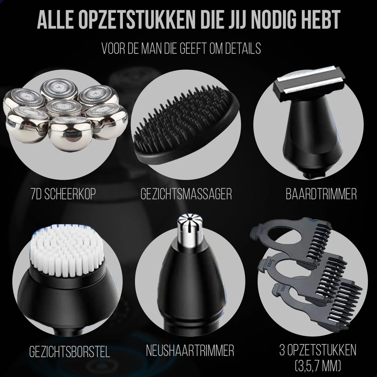 HYL® 8-in-1 Scheerapparaat Mannen - Skull Shaver – Neus & Baard Trimmer – Head Shaver - Draadloos Opladen - 7 Koppen - Zilver - Afbeelding 6