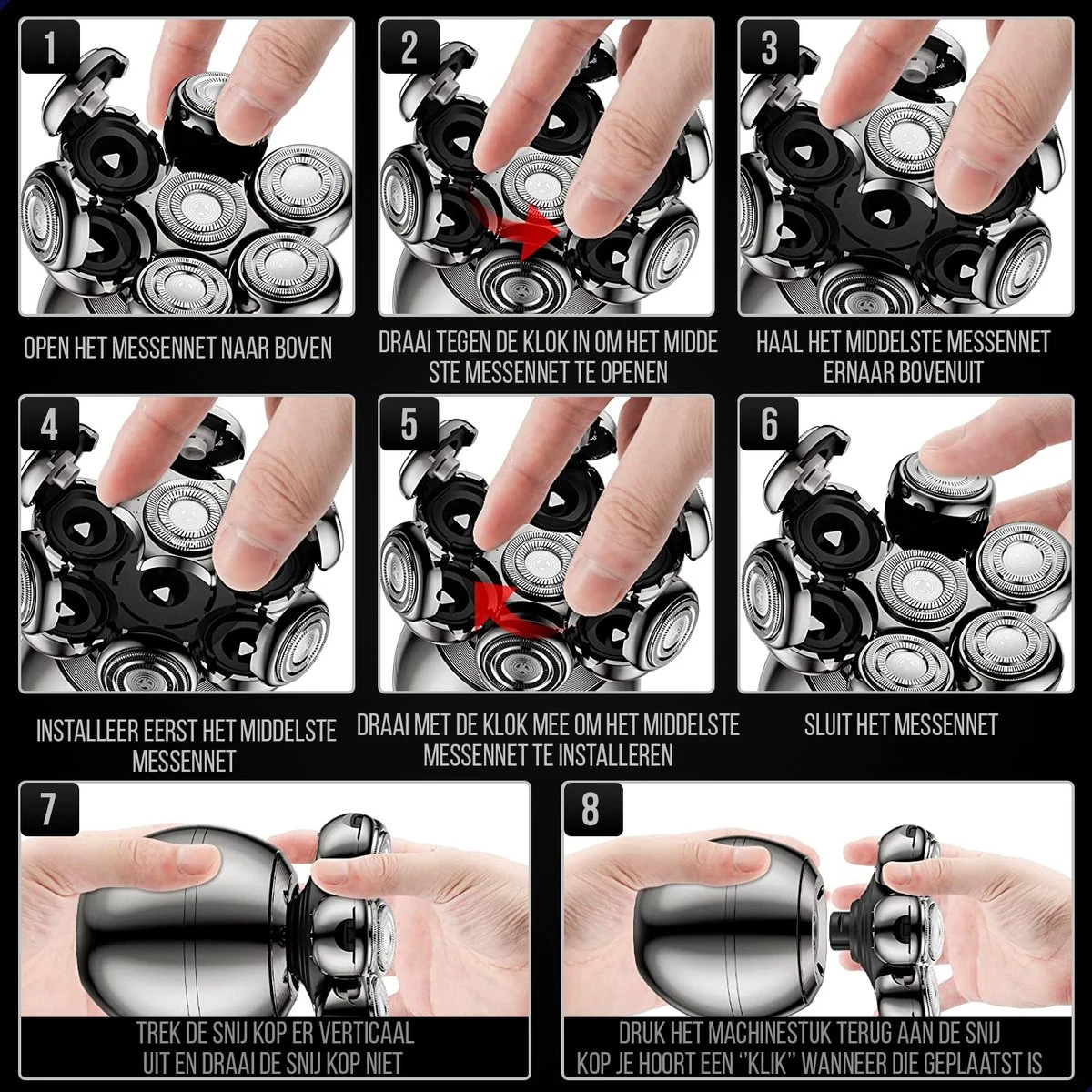 HYL® 8-in-1 Scheerapparaat Mannen - Skull Shaver – Neus & Baard Trimmer – Head Shaver - Draadloos Opladen - 7 Koppen - Zilver - Afbeelding 7