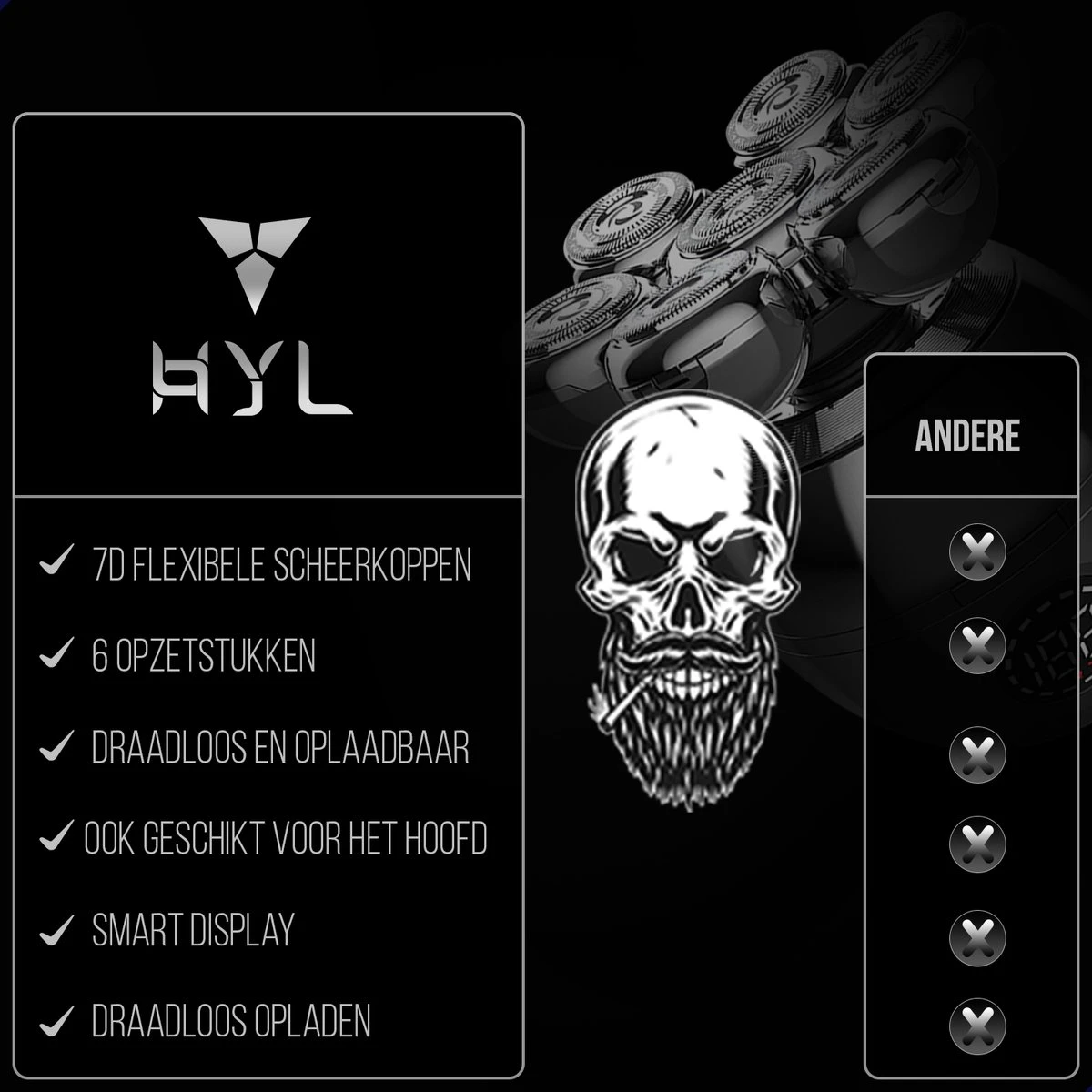 HYL® 8-in-1 Scheerapparaat Mannen - Skull Shaver – Neus & Baard Trimmer – Head Shaver - Draadloos Opladen - 7 Koppen - Zilver - Afbeelding 10
