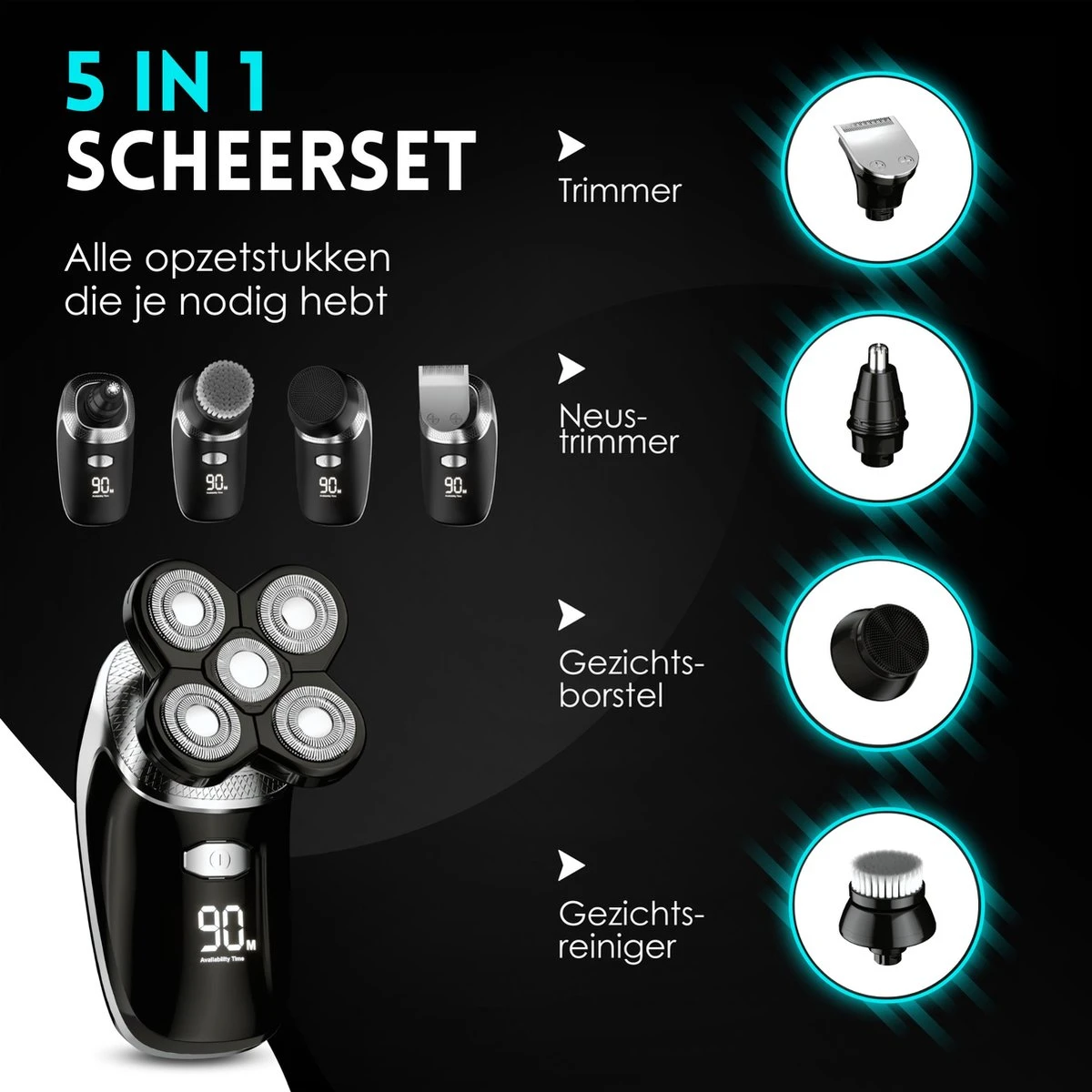 Beeperfect® 5-in-1 Scheerapparaat Mannen - Trimmer - Draadloos Nat En Droog Scheren - 5 Opzetstukken - Afbeelding 6