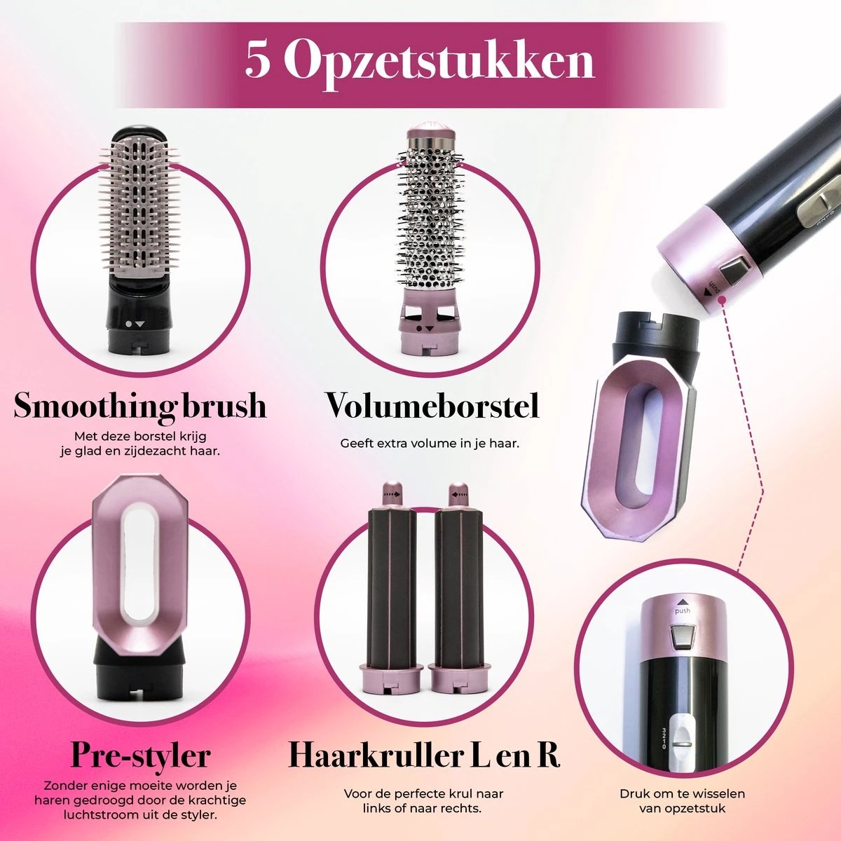 Quaran Airwrap - 5 In 1 Set - Föhnborstel - Krultang - Stijltang - Hairwrap - Haardroger Met Borstel - Krulborstel - Stijlborstel - Haarborstel - Multistyler - Afbeelding 3