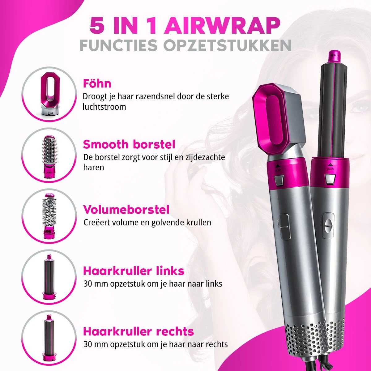 Airwrap Krultang - Krultang 5 In 1 - Föhnborstel - 5 In 1 Multi Styler - Haardroger Met Borstel - Zwart 6 Airwrap Krultang - Krultang 5 In 1 - Föhnborstel - 5 In 1 Multi Styler - Haardroger Met Borstel - Zwart - Afbeelding 4