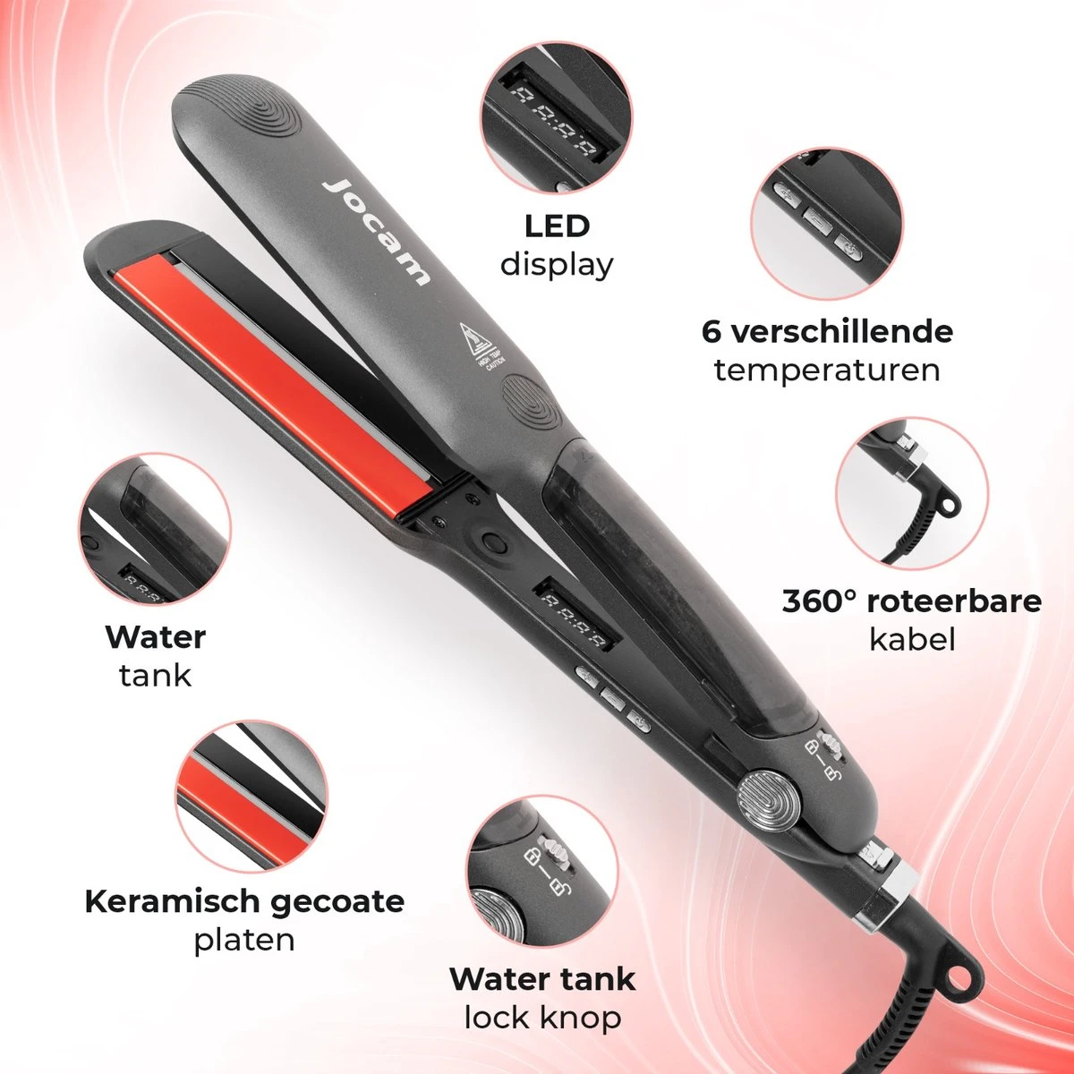 Jocam® Steampod - Professionele Stoom Stijltang - Krultang - Infrarood - Keramische Coating - Zwart - Afbeelding 6