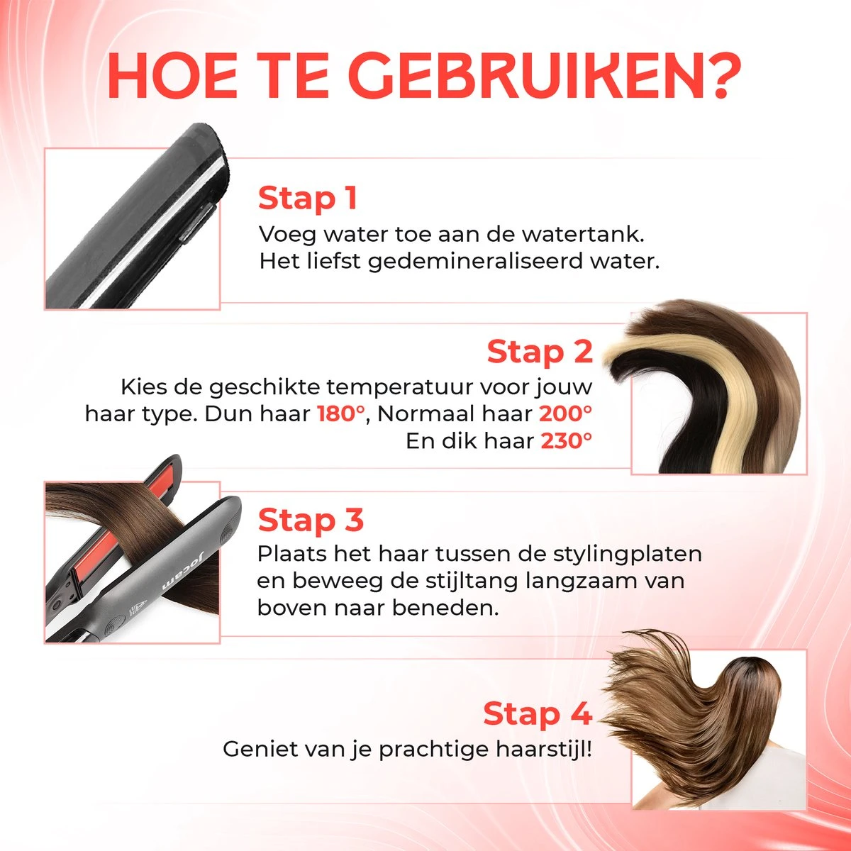 Jocam® Steampod - Professionele Stoom Stijltang - Krultang - Infrarood - Keramische Coating - Zwart - Afbeelding 8