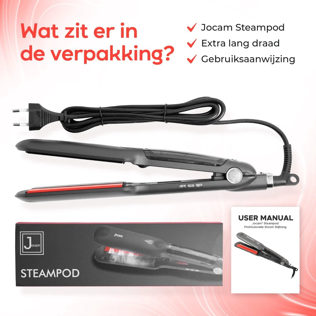 Jocam® Steampod - Professionele Stoom Stijltang - Krultang - Infrarood - Keramische Coating - Zwart - Afbeelding 9