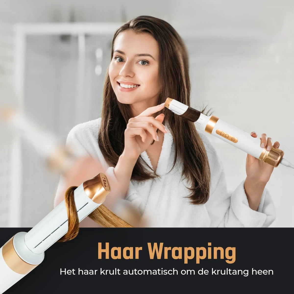 RYCE ® Multistyler PRO - 7 In 1 - Krultang - Föhnborstel - Stijltang - Krulborstel - Airstyler - Automatische Krultang - Haardroger Met Borstel - Hairwrap - Inclusief Hitte Handschoen - Wit / Goud - Afbeelding 3
