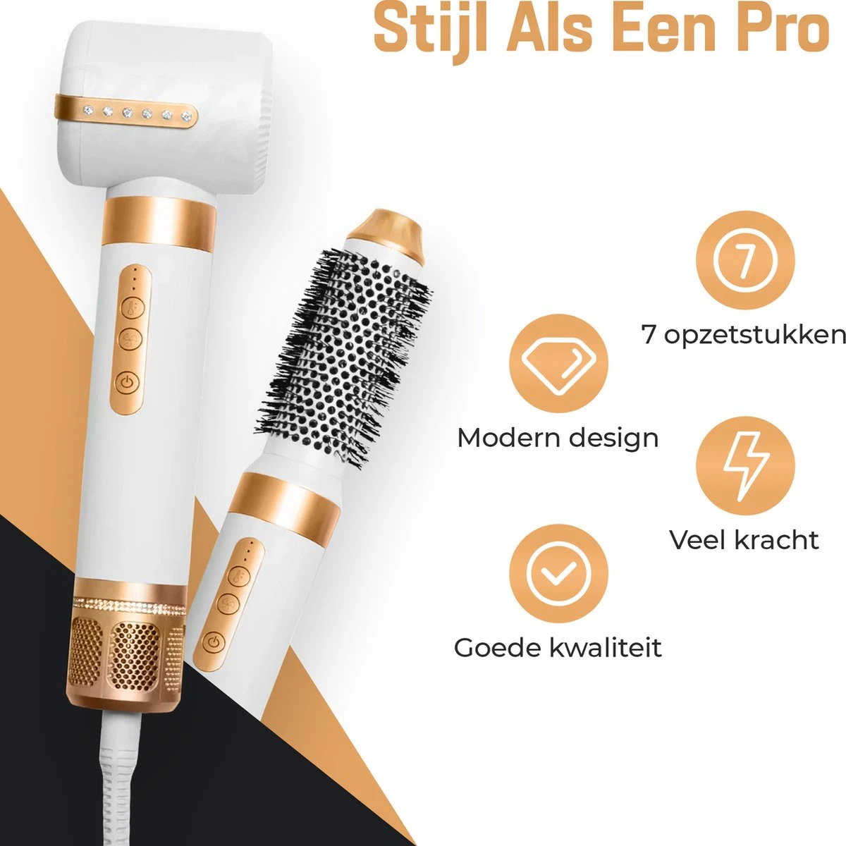 RYCE ® Multistyler PRO - 7 In 1 - Krultang - Föhnborstel - Stijltang - Krulborstel - Airstyler - Automatische Krultang - Haardroger Met Borstel - Hairwrap - Inclusief Hitte Handschoen - Wit / Goud - Afbeelding 8