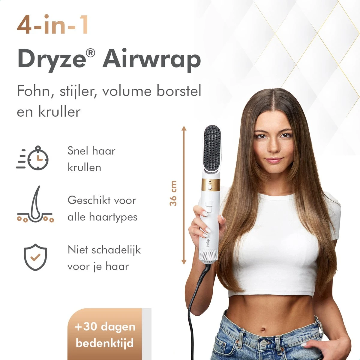 Dryze Airstyler Crème White/gold - Krultang - Föhn - Airwrap - Föhnborstel En Stijltang In 1 - Afbeelding 2